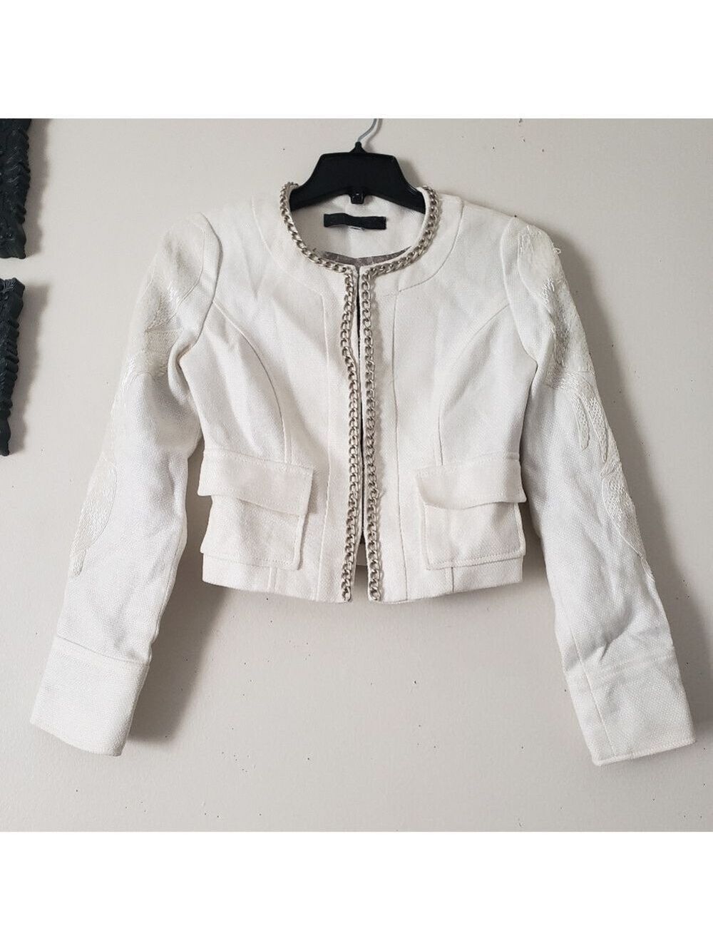 Guess Chain Neckline Linen Blazer Jacket  With Beading Details On Sleeves.